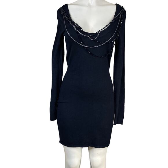 Express Black Long Sleeve Sweater Dress Attached Beaded Necklace Size Small - Picture 1 of 9